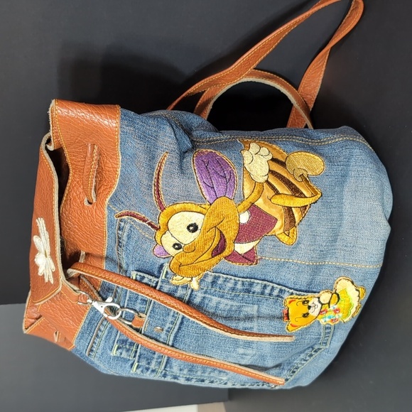 Vintage Jean/Faux Leather Medium Backpack with added Character Patches . - Picture 3 of 12